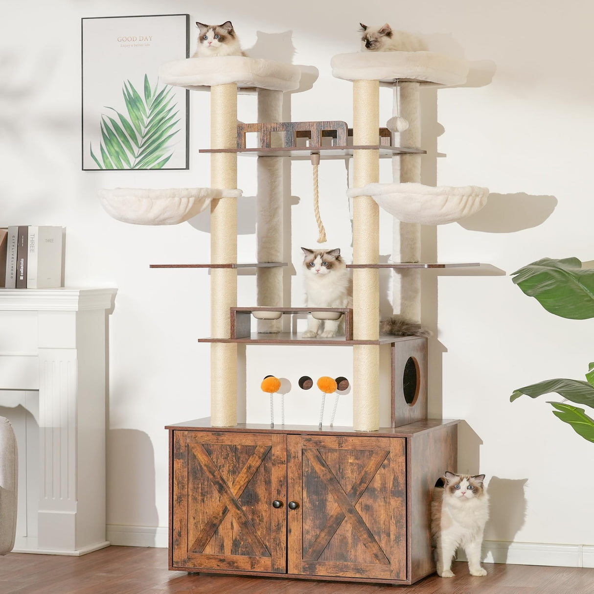 Heybly Cat Tree for Maine Coon with Litter Box Enclosure, 72-inch Wooden Cat Tower for Indoor Cats Large Adult, Big Condo with Food Station, Baskets, Furniture with All-sisal Scratching Post HCT112SR Heybly