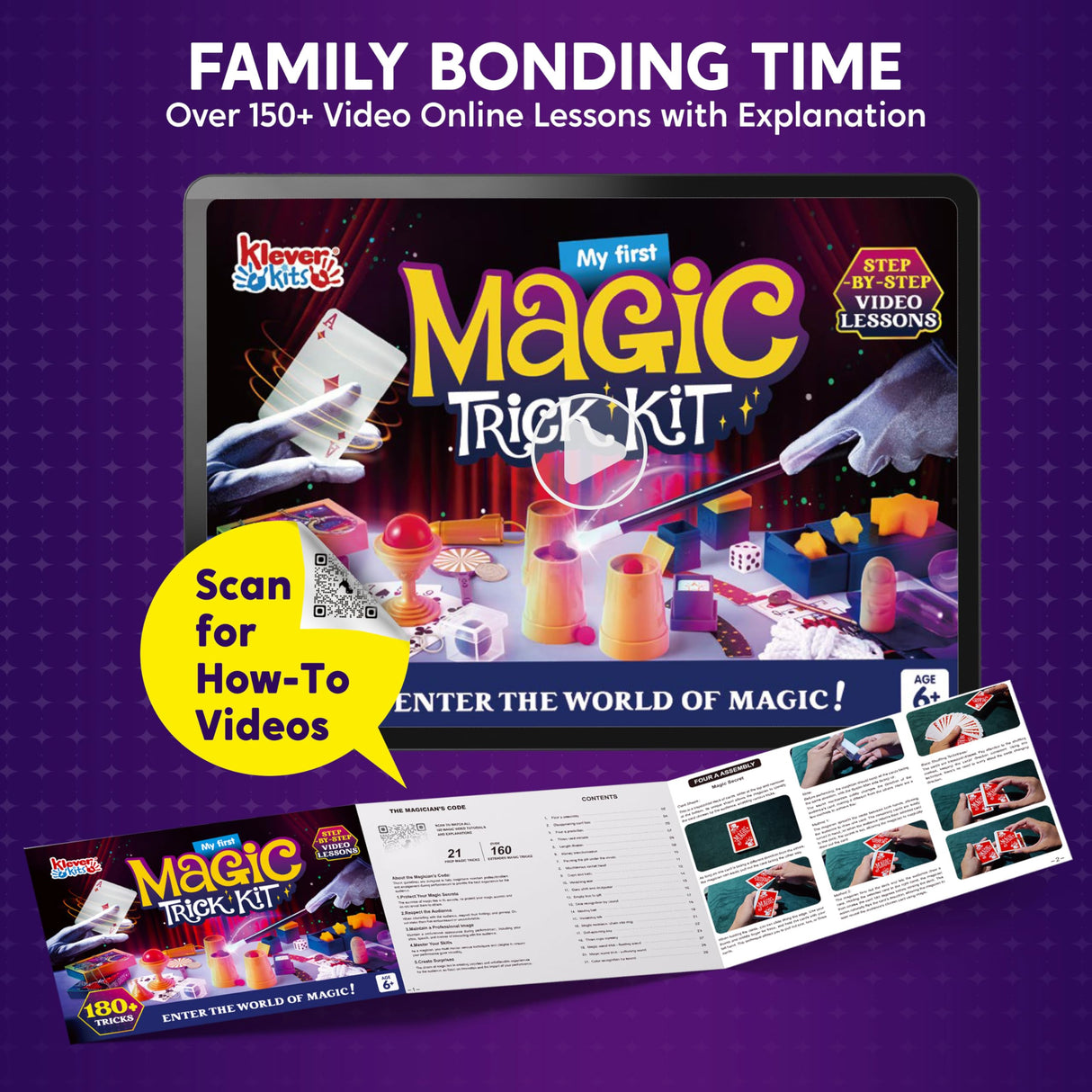 Klever Kits 180+ Magic Set- My First Magic Trick Kit- Amazing Magician Toy with Step-by-Step Video Lessons, for Kids Aged 6+ Easy Tricks of Wand and Illusion Cards Klever Kits