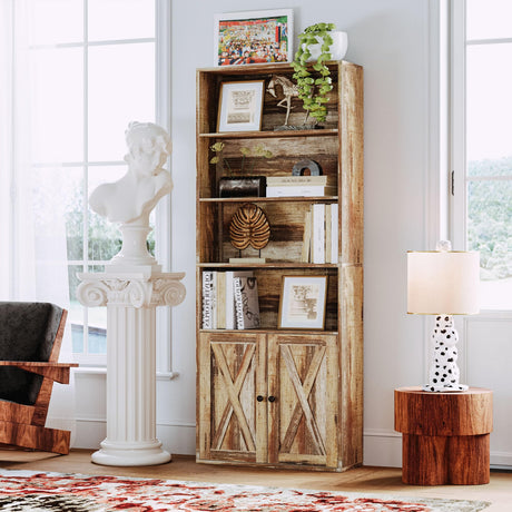 Industrial Brown 6-Tier Bookshelf with Doors – IRONCK Floor Standing Storage for Home Office and Living Room IRONCK