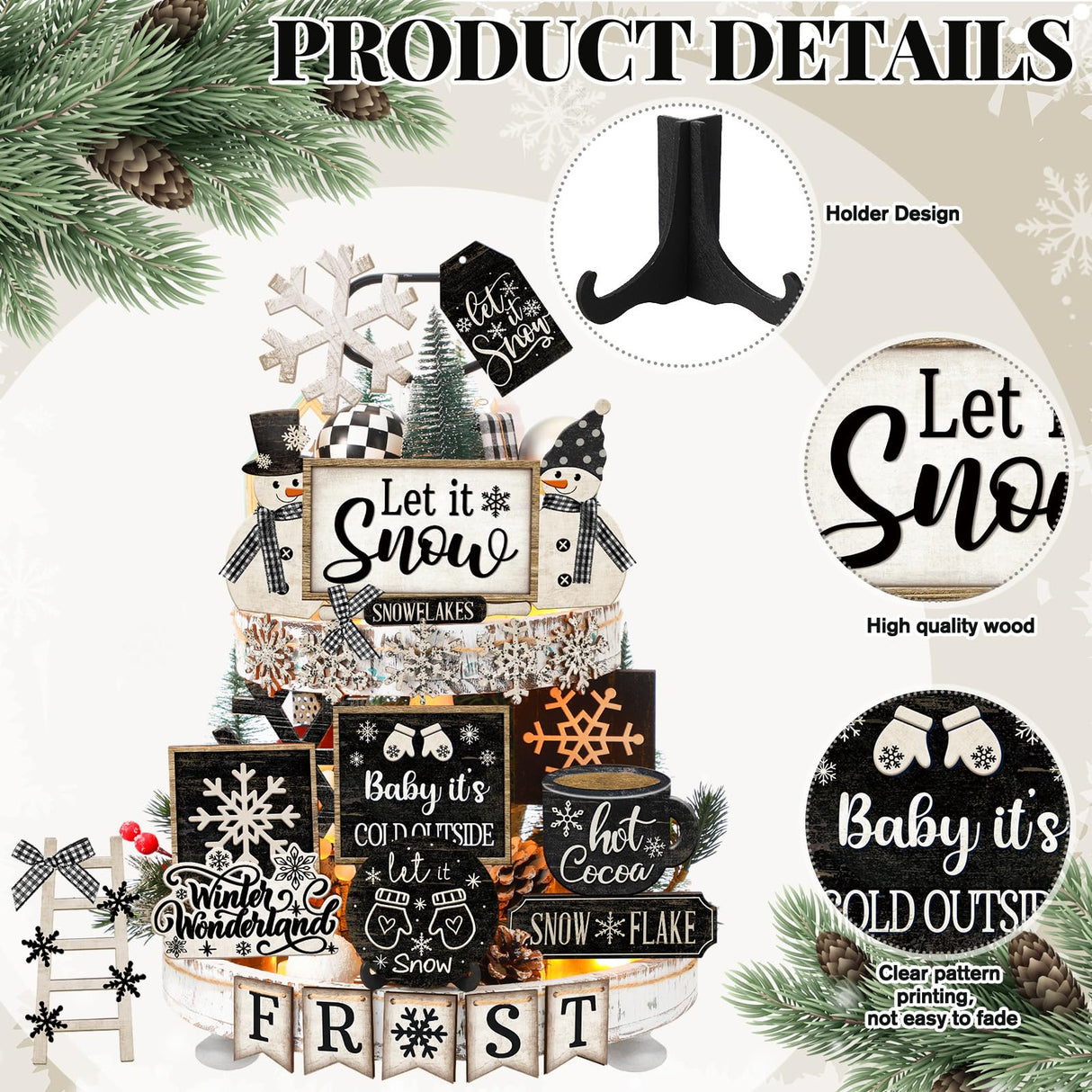 Nuogo 25 Pcs Christmas Winter Tiered Tray Decor Wood Rustic Winter Decoration for Home Christmas Snowflake Table Shelf Farmhouse Let It Snow Decor Xmas Snowman Signs for Table Holiday Nuogo