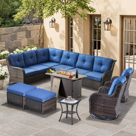 HUMMUH 8 Pieces Outdoor Patio Furniture Set with Fire Pit,L-Shaped Modular Sectional Couches with Swivel Patio Chairs,Wicker Conversation Set for Deck,Backyard,Porch,Garden HUMMUH