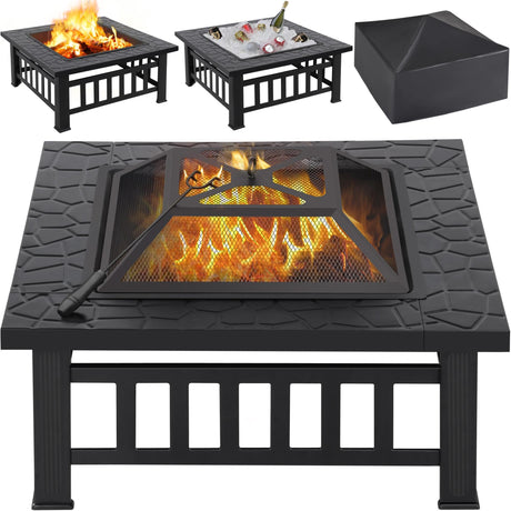 Yaheetech Multifunctional Fire Pit Table 32in Square Metal Firepit Stove Backyard Patio Garden Fireplace for Camping, Outdoor Heating, Bonfire and Picnic Yaheetech