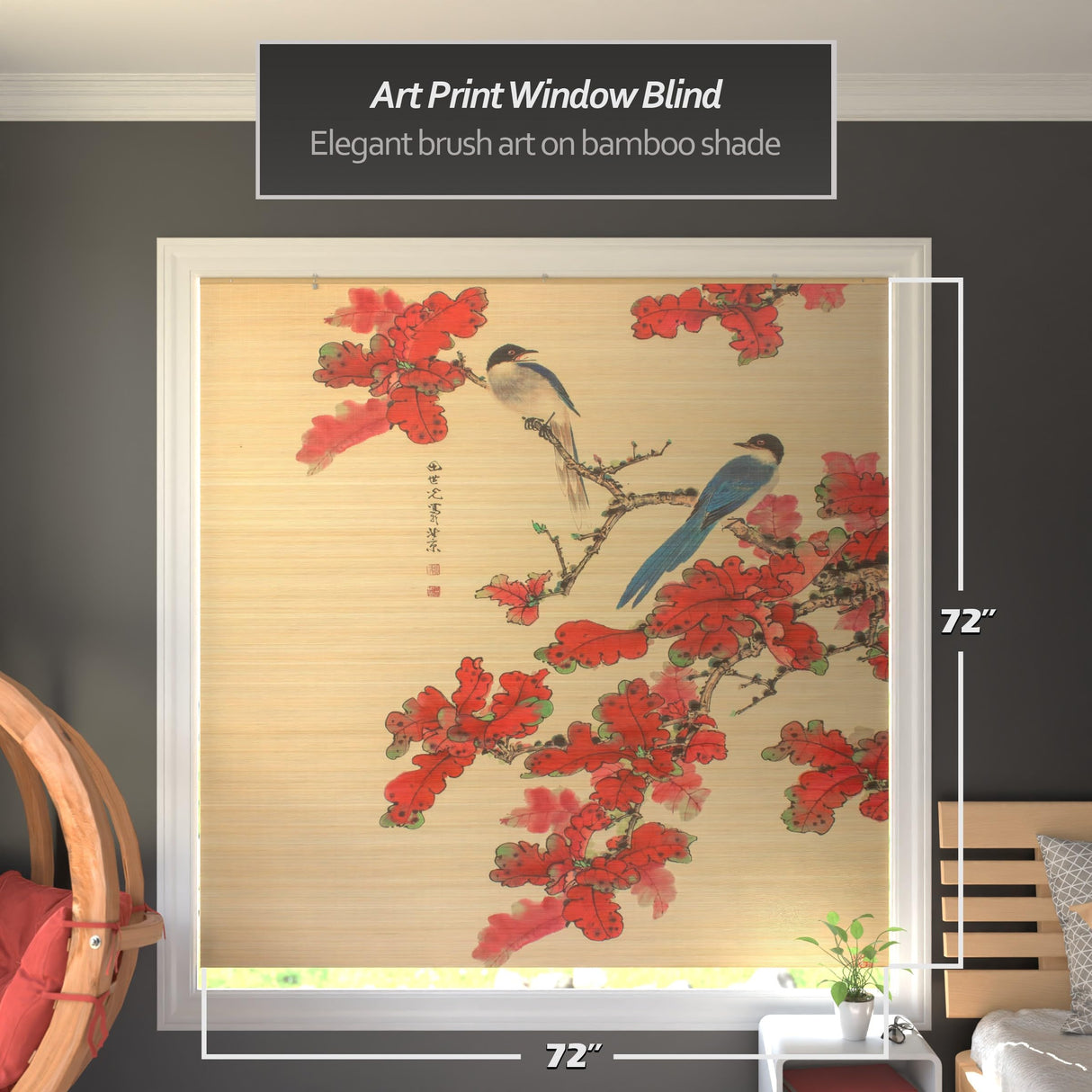 Red Lantern Bamboo Window Shade Blind - Roosting Bird 72" Wide Red Lantern