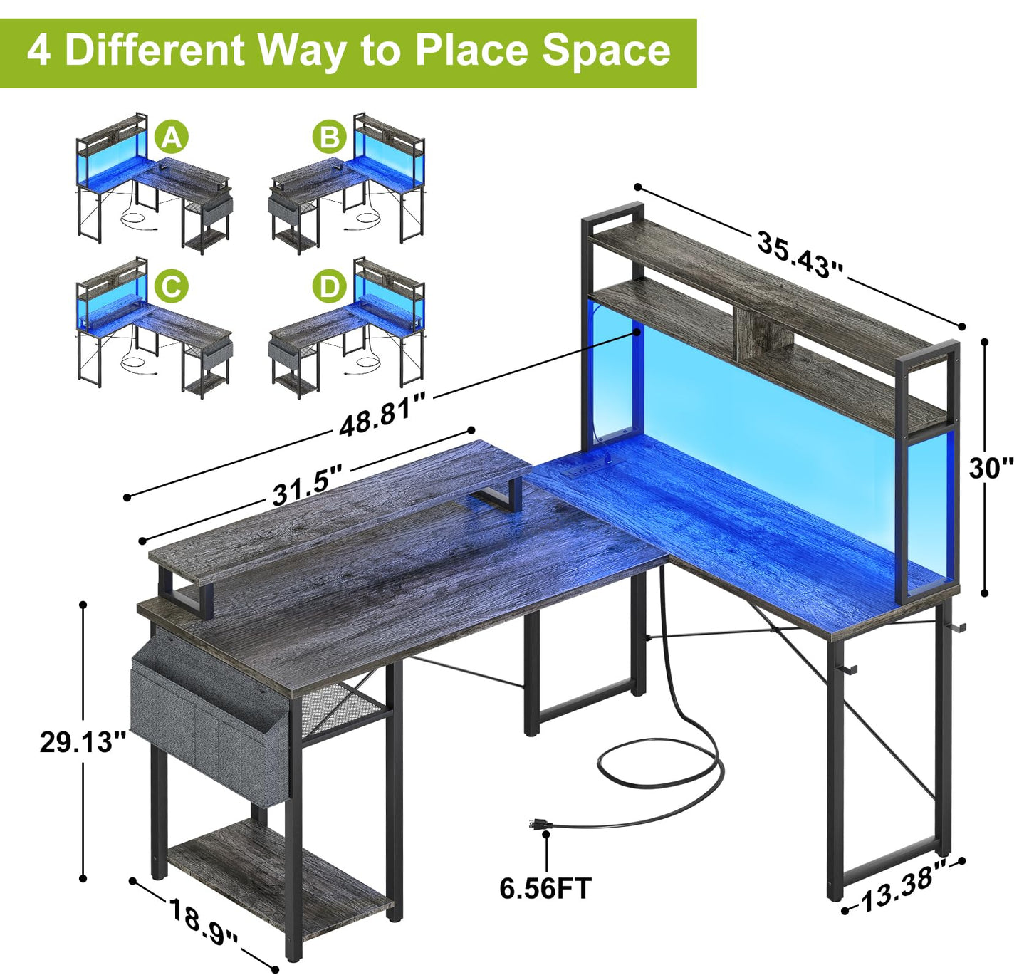 Besiost Small L Shaped Gaming Desk with Power Outlets, 48" Reversible L Shaped LED Computer Desk with Monitor Stand & Storage Shelf, Corner Gamer Desk Home Office Desk with Storage Bag, Black - WoodArtSupply