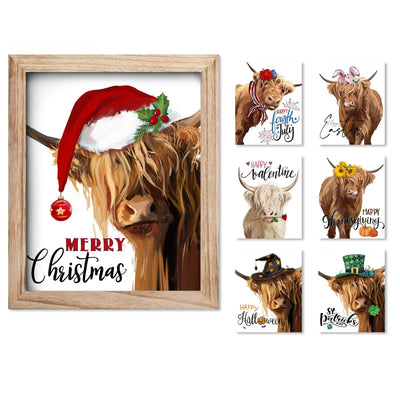 YPY Highland Cow Farmhouse Wall Decor Signs Xmas Cow Canvas Art with 7 Interchangeable Holiday Sayings, Rustic Wood Picture Frame Indoor Christmas Decorations for Home 10x12