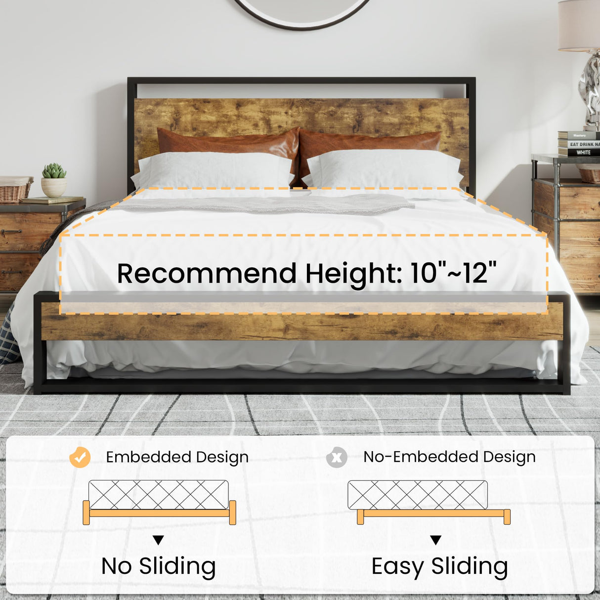 SHA CERLIN Queen Size Bed Frame with Wooden Headboard,Heavy Duty Metal Slats Support Platform,No Box Spring Needed,Rustic Brown SHA CERLIN