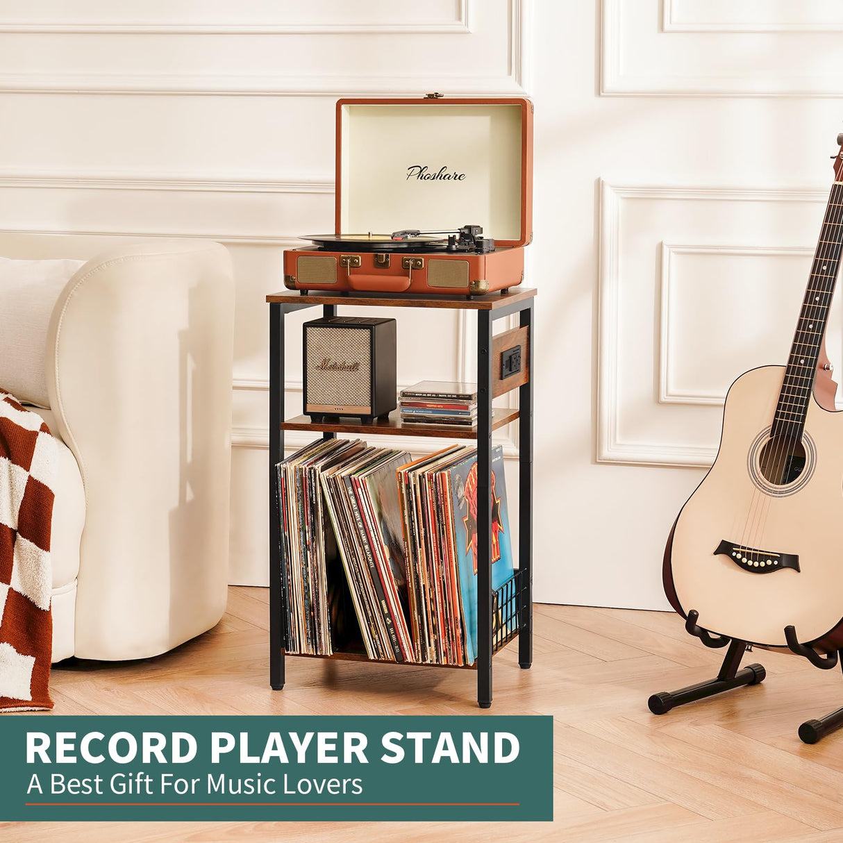 Yoobure Record Player Stand, 3-Tier Side Table with Charging Station, Small End Table Nightstand for Vinyl Storage, Tall Beside Tables Turntable Stand for Album CD, Night Stand for Living Room Bedroom Yoobure