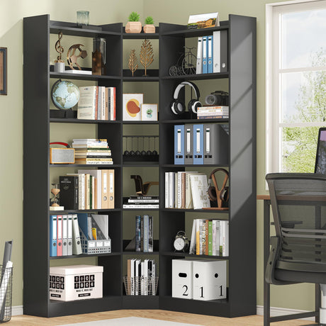 Semoic 70.8" Tall Corner Bookshelf, 7 Tiers Large Etagere Bookcases with Baffles, L-Shaped Modern Storage Display Rack Industrial Bookshelves for Bedroom, Home Office, Living Room & Kitchen, Black Semoic