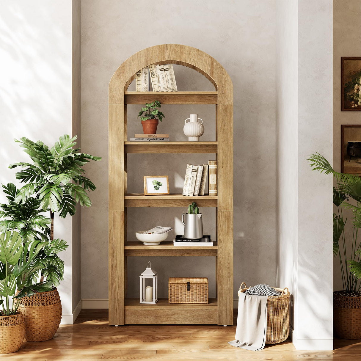LITTLE TREE 5-Tier Bookshelf, Arch-Shaped Racks, Tall Standing Wooden Bookcase Display Shelf Modern Storage Solution (1, Teak Color) LITTLE TREE