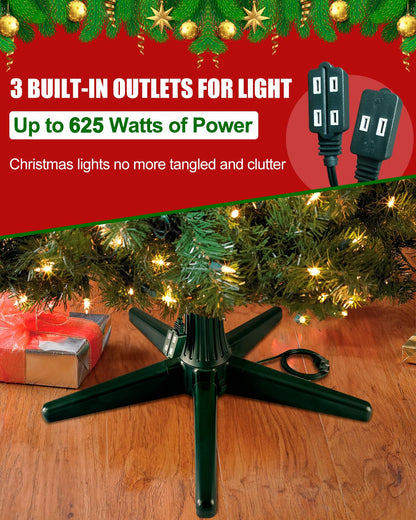 Piemow Rotating Christmas Tree Stand, Durable & Stable 5-Legged Tree Base for Up to 7.5ft 70lb Artificial Tree with 3 Adapters and Built-in Light Sockets, Dark Green