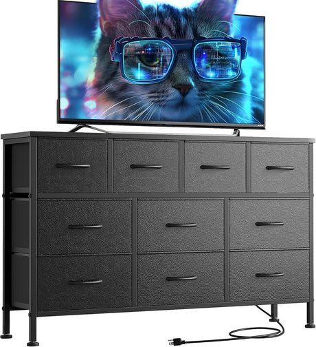 Lulive 10 Drawer Black Dresser for Bedroom, Dresser TV Stand with Power Outlet, Entertainment Center Chest of Drawers for 55'' Long TV, Wide Fabric Dresser for Storage and Organization (Black) Lulive