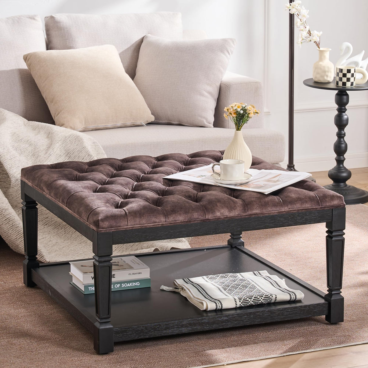 Polarisys Storage Ottoman Bench, 35 Inch Ottomans with Storage, Coffee Table Ottomans for Living Room Large Ottoman Bench Square Coffee Table with Wooden Shelf Brown Polarisys