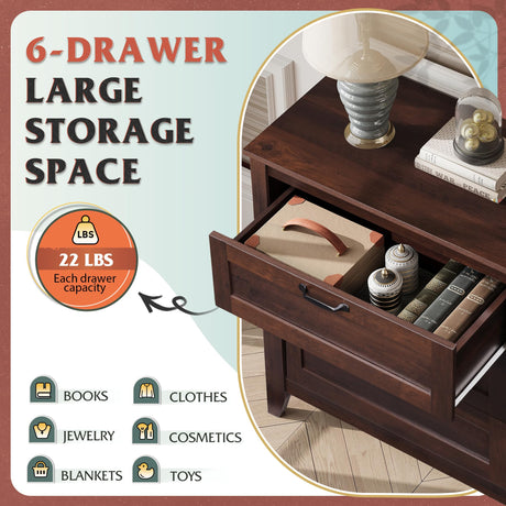 WLIVE 6 Drawer Dresser, Retro Chest of Drawers with Metal Handle, Double Wood Dresser for Bedroom, Living Room, Large Storage Cabinet, Brown WLIVE