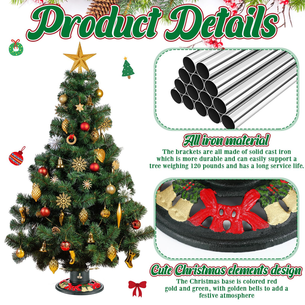 Huwena Christmas Tree Stand for Live Trees, Real Xmas Tree Holder Base Cast Iron, Supports up to 8ft, 4-Inch Diameter, 120lb Weight Capacity for Christmas Rustic Decoration (Bell, Bow Style) Huwena