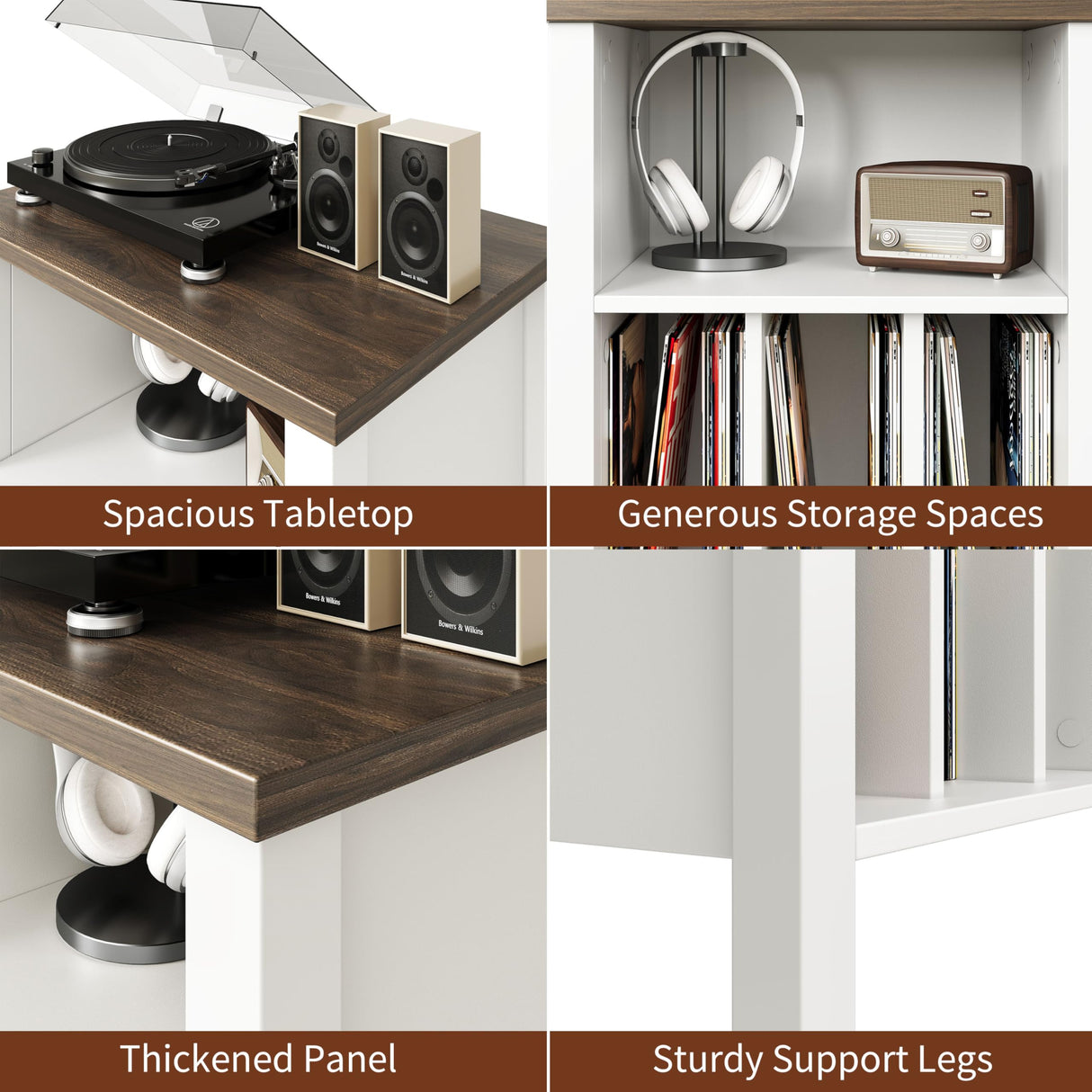Record Player Stand, Vinyl Record Storage Table End Table with Display Shelf Holds up to 130 Albums, Large Nightstand Wood Turntable Stand Cabinet Side Table for Living Room, Bedroom, White LIDYUK