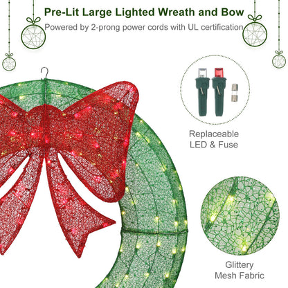 Lighted Christmas Wreaths, 48’’ Handmade Classic Christmas Wreaths with 50 Red and 120 Warm White LED Lights for The Outdoor Christmas Decoration-Green