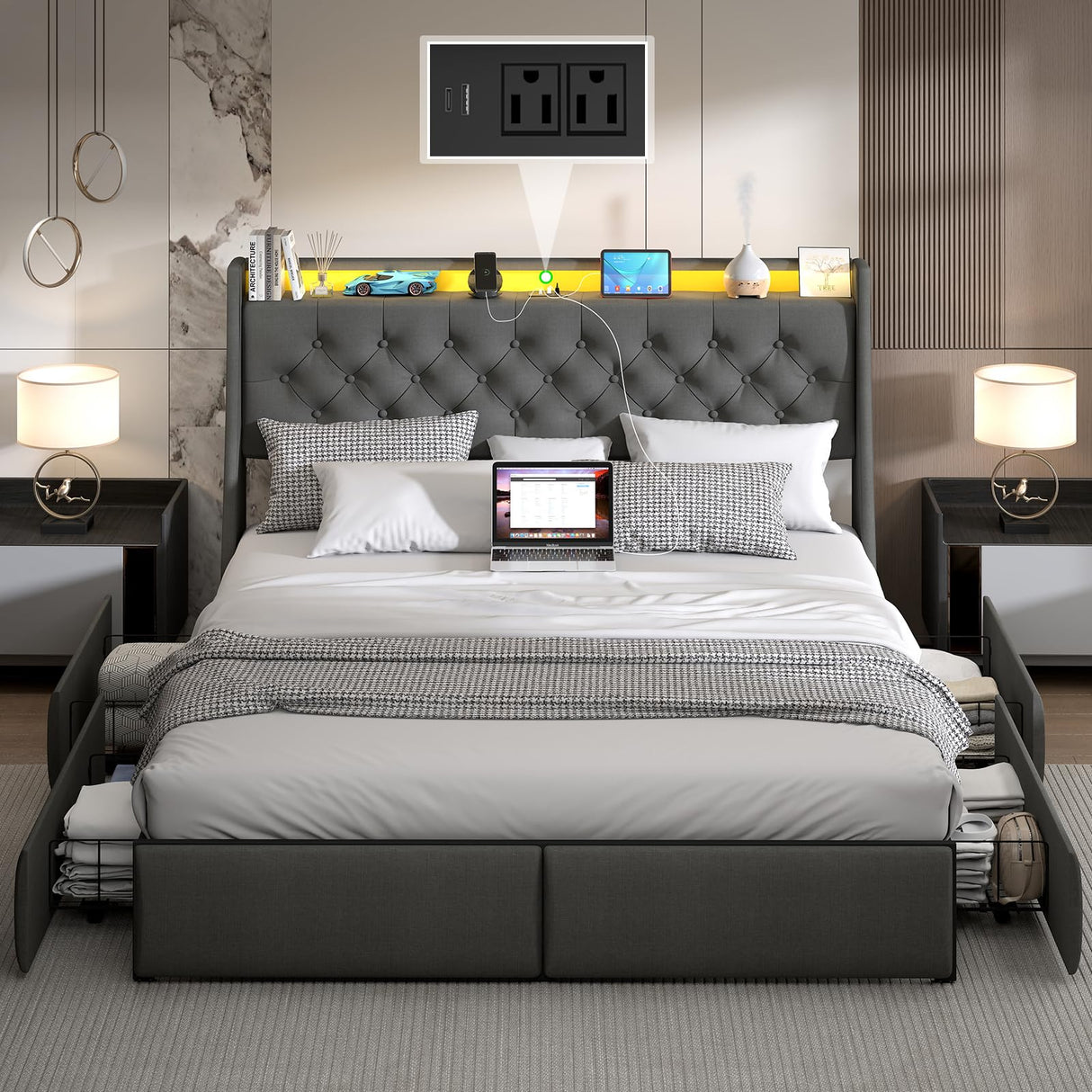 Doltoro Queen Size Bed Frame with 4 Storage Drawers, LED Lights, and Charging Station Doltoro