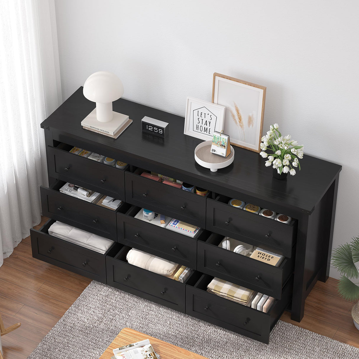 BORNOON 9-Drawer Dresser for Bedroom, Modern Wide Chest of Drawers, Wooden Storage Organizer for Closet, Living Room, Entryway, Home Office, Black Dresser with Ample Storage BORNOON