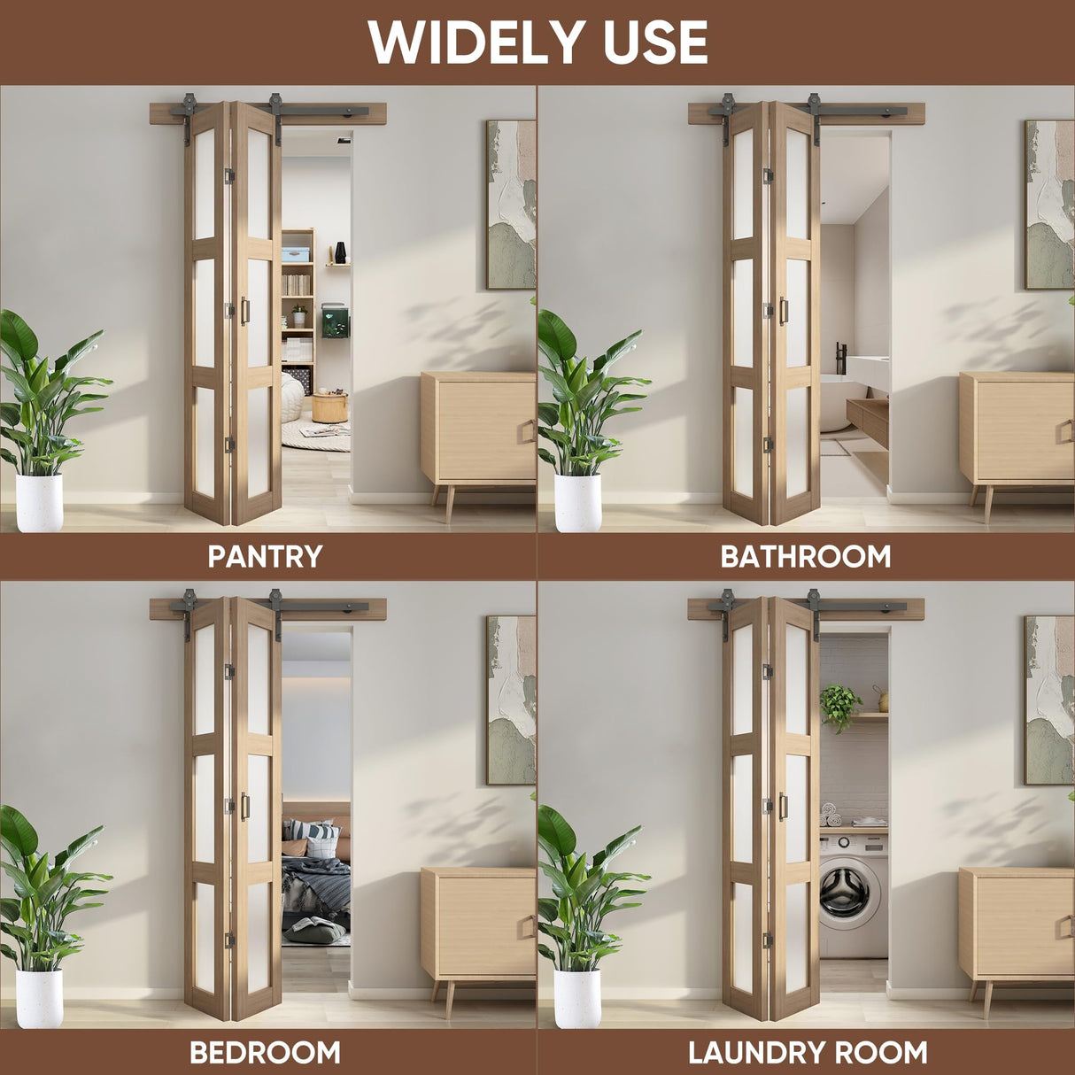 JUBEST Bifold Glass Barn Door, Bi Fold Glass Sliding Barn Door Kit with Hardware Include, 3-Panel Glass Barn Door Slab, Barn Door Hardware for Bedroom, Living Room, Bathroom, Brown (36"x84") JUBEST