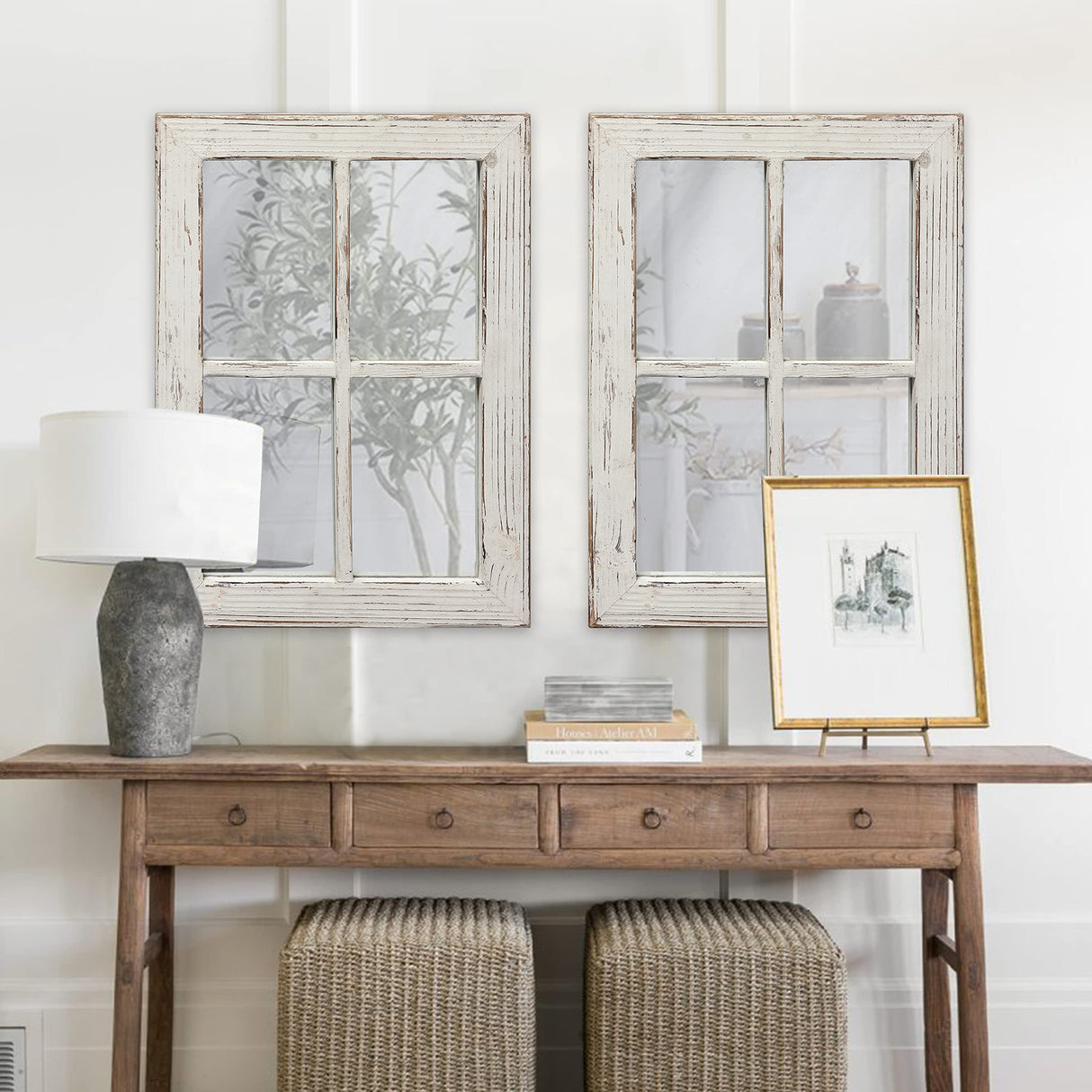 Sintosin Rustic Small Window Pane Mirror Wall Decor 11 x 16 inches, Hanging Distressed White Farmhouse Rectangle Wood Frame Mirror, Handmade Decorative Window Mirrors for Living Room Christmas Sintosin