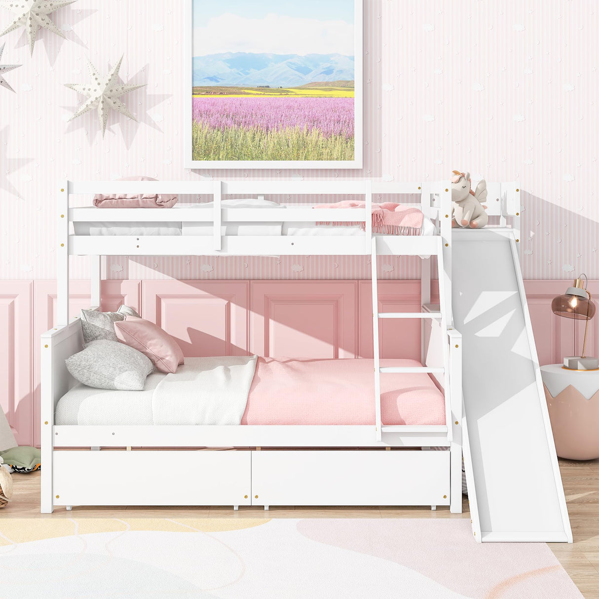 Bellemave Bunk beds Twin Over Full Size Slide and Stair, bunk Bed with Storage, Twin Over Full bunk beds for Kids, Floor bunk Bed, Low bunk Bed for Kids，White Bellemave