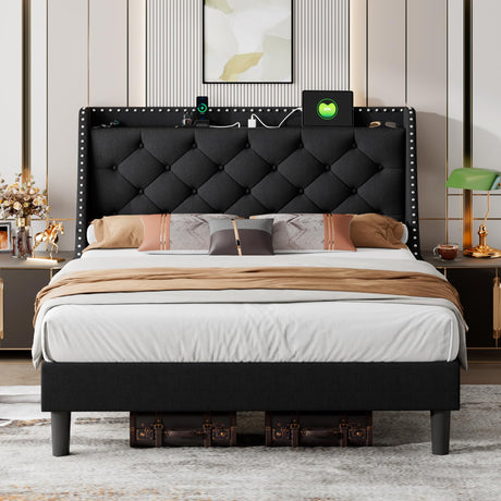iPormis Deluxe Wingback Full Bed Frame with USB & Type-C Charging Ports and Storage Headboard iPormis