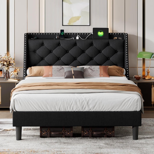 iPormis Deluxe Wingback Full Bed Frame with USB & Type-C Charging Ports and Storage Headboard - WoodArtSupply