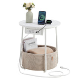 VASAGLE Side Table with Charging Station, Round End Table With Fabric Basket, Nightstand with Power Outlets USB Ports, for Living Room, Bedroom, Modern, Matte White and Camel Brown ULET228W01 VASAGLE