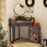 Corner Vanity with Mirror and Lights,Modern Makeup Vanity with Charging Station for Bedroom/Cloakroom,Glass Top Vanity Desk with Drawers and Shelves,Grey Dystler