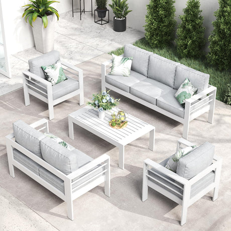 LayinSun Outdoor Aluminum Furniture Set, 5 Pieces Patio Sectional Conversation Chat Sofa Modern Seating Set with Coffee Table LayinSun