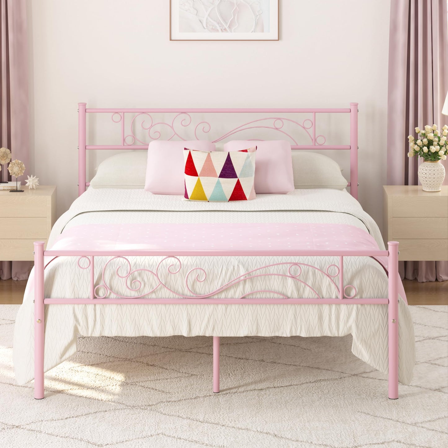 Weehom Full Size Bed Frames with Headboard, Heavy Duty Metal Platform Bed Strong Metal Slats Support,Easy Assembly Pink