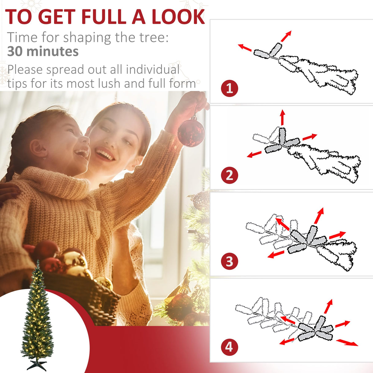 HOMCOM 6' Tall Pre-Lit Slim Noble Fir Artificial Christmas Tree with 200 Warm White LED Lights and 390 Tips, for Christmas Decoration, Green HOMCOM