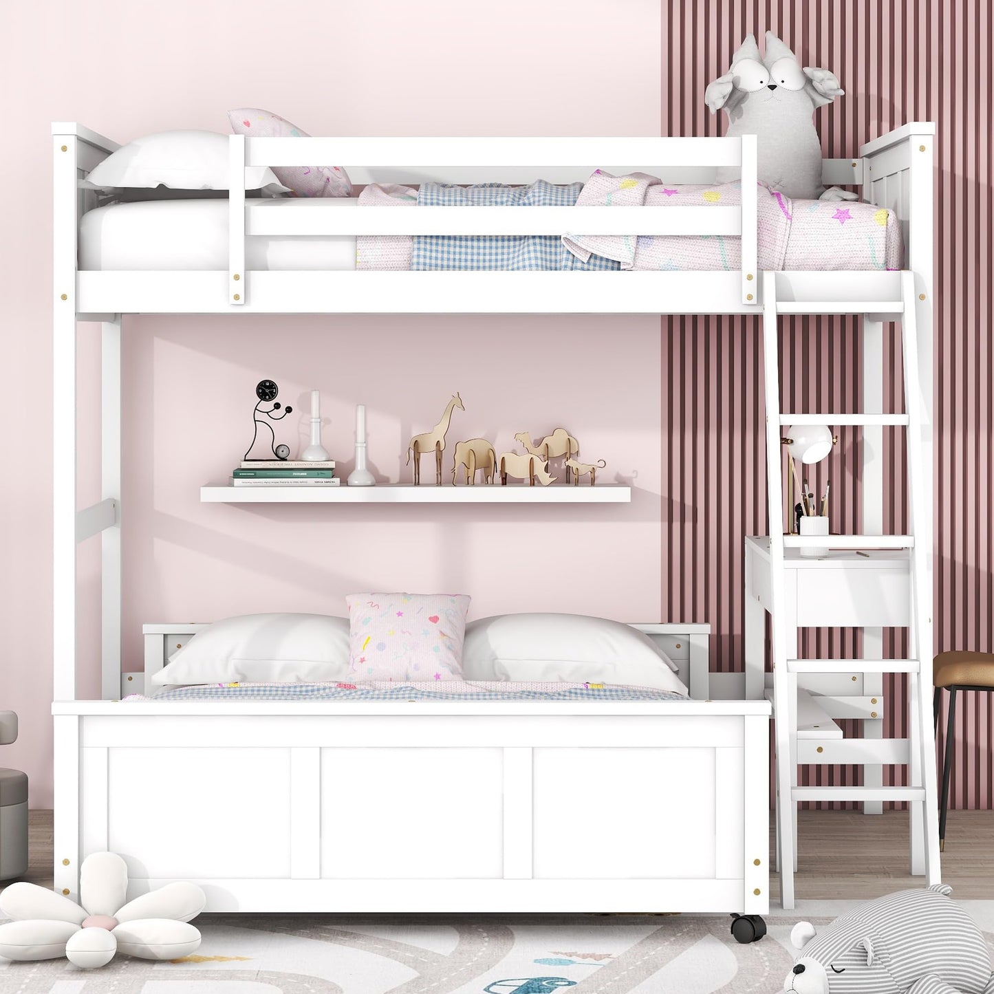 Bellemave Twin Over Full Bunk Bed with Desk and Movable Underbed in White - WoodArtSupply