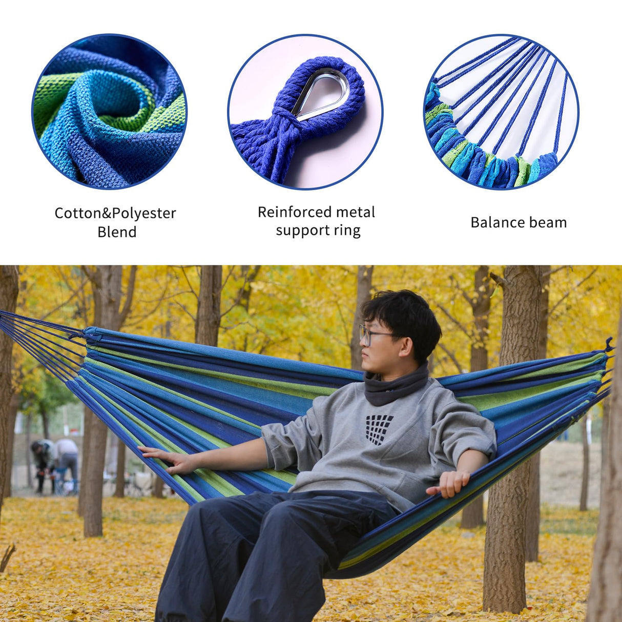Camping Hammock Comfortable Fabric Hammocks with Tree Straps for Travel Patio Garden, Hanging Sturdy Indoor/Outdoor Hammock Up to 660lbs Portable Hammocks with Travel Bag (Blue) KACHUAN BEAR