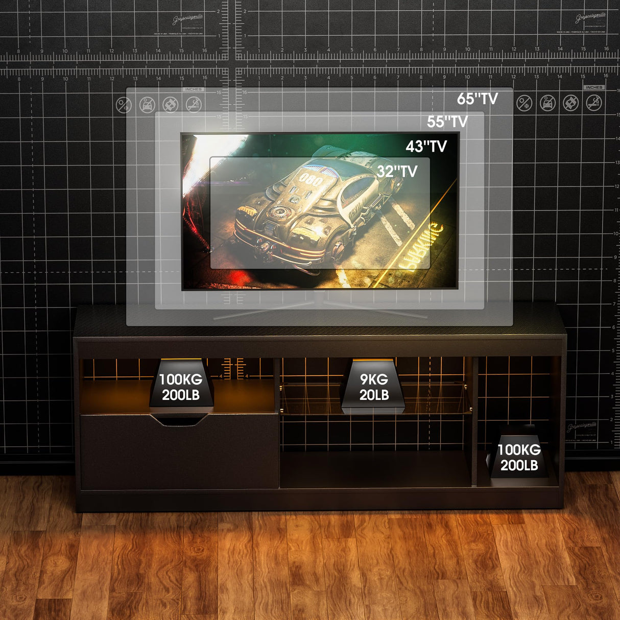 JUMMICO TV Stand, Entertainment Center LED Gaming TV Stand for 65+ Inch TV Carbon Fiber Top, Dynamic RGB Modes TV Cabinet Console with Adjustable Glass Shelves Storage Drawers (Black) JUMMICO