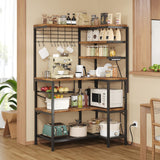 iabifo L-Shaped Bakers Rack with Power Outlet, 6-Tier Microwave Stand with Open Storage, Kitchen Shelf with Hooks, Coffee Bar with Wire Basket, Rustic Brown and Black iabifo