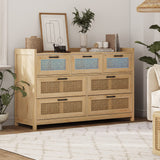 AOGLLATI Dresser for Bedroom with Led Light, Natural Rattan 7 Drawer Dressers, Dressers & Chests of Drawers, Closet Wooden Long Bedroom, Hallway, Entryway AOGLLATI