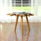 Solid Teak Slab Live Edge Side Table with Burnt Edge and Bubut Wood Legs for Living Room, Bedroom and Office Natural Shape Accent Table, Night Stand - Natural - 20” L x 18” W x 22” H BEST HOME FASHION