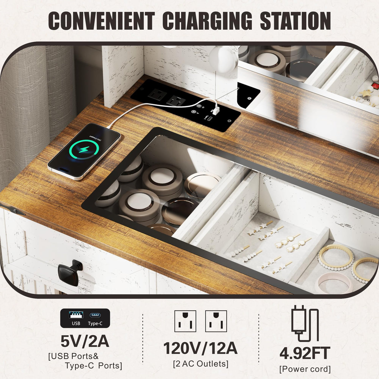 FREDEES Farmhouse Vanity Desk with Mirror and Lights, Makeup Vanity Table with 6 Drawers/Large Storage,White Dressing Table 3 Colors Adjustable Lighting Brightness & Charging Station for Women FREDEES