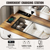 FREDEES Farmhouse Vanity Desk with Mirror and Lights, Makeup Vanity Table with 6 Drawers/Large Storage,White Dressing Table 3 Colors Adjustable Lighting Brightness & Charging Station for Women FREDEES