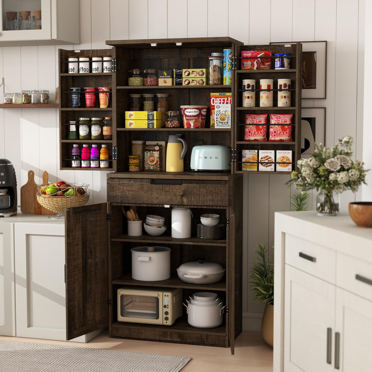 BOMETAO 72" Tall Kitchen Pantry Cabinet with X-Barn Doors, Farmhouse Storage Cabinets with Organizer, Drawer and Adjustable Shelves, Wood Cupboard for Kitchen, Dining Room, Bathroom, Rustic Brown BOMETAO