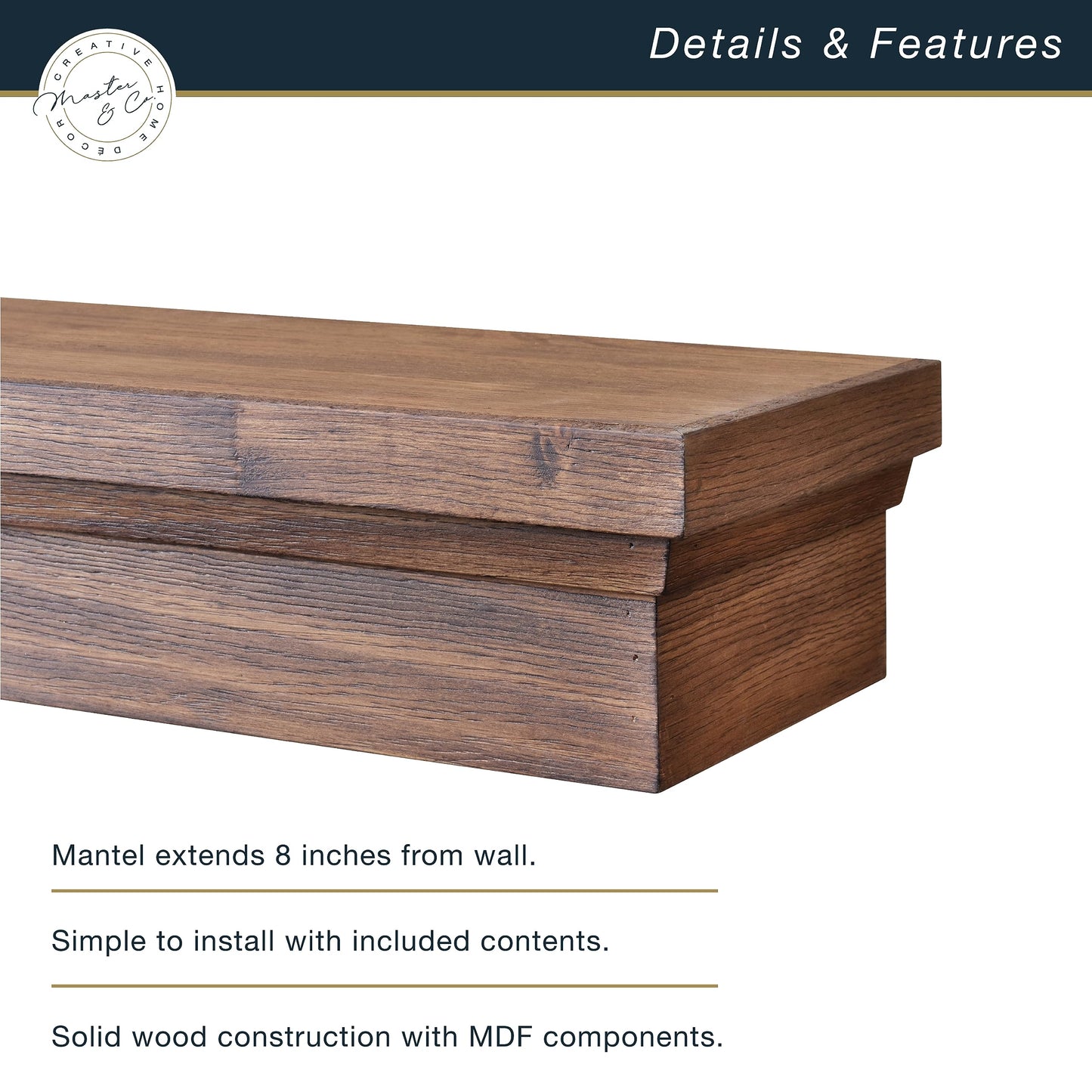 MCS 72-Inch Mantel, Master & Co Walnut Woodgrain Finish Solid Wood Floating Fireplace Mantel, Long Floating Shelf for Livingroom with Wood Cleat Hanging System, Photo and Home Decor Display Shelf