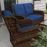 Outsunny 4 Piece PE Rattan Outdoor Patio Furniture Set, Wicker Conversation Set with 2 Swivel Rocking Chairs, 2-Tier Glass Table and Loveseat for Garden, Patio, Poolside, Blue Outsunny