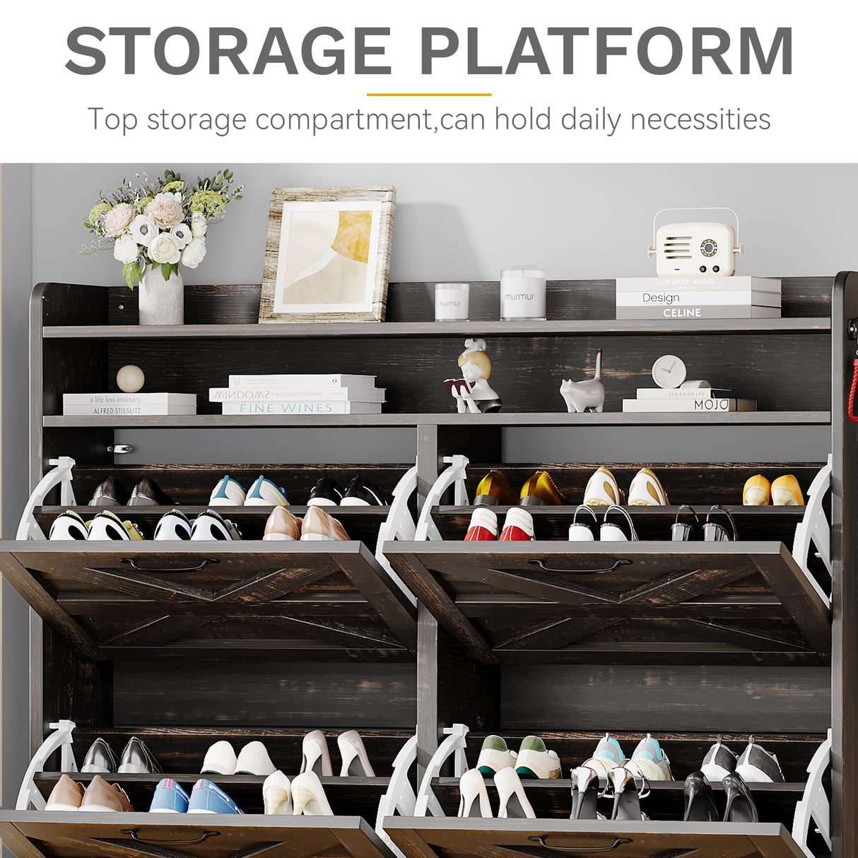 DWVO Farmhouse Shoe Cabinet for Entryway, 4 Flip Drawers for 24 Pairs, Narrow Slim Shoe Organizer with Metal Legs for Hallyway, Living Room (Dark Rustic Oak) DWVO