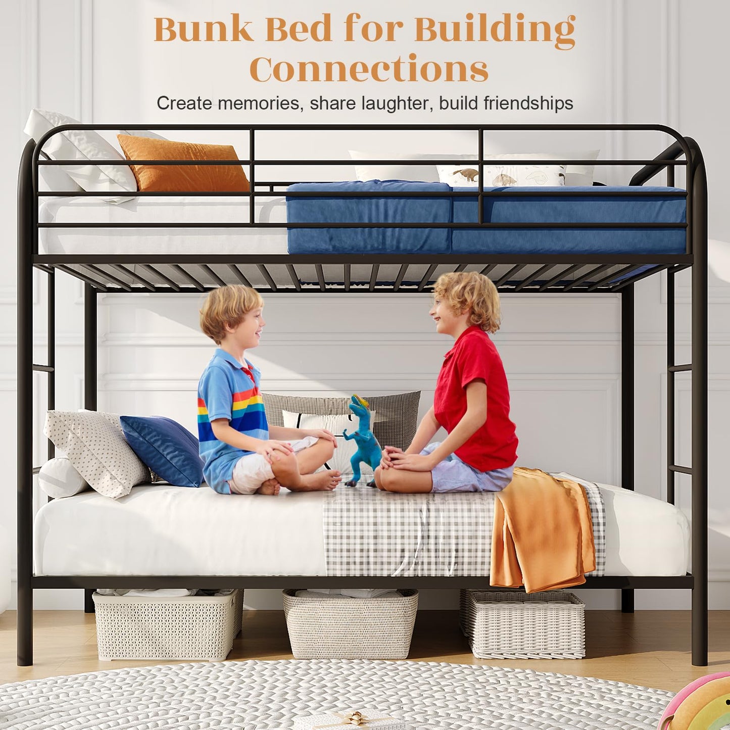 YIORTWO Metal Bunk Bed Twin Over Twin, Modern Style Bunk Bed with Curved Edges Safe Guardrail for Small Space, Loft Bed for Adults Kids Teens, Noise Free, No Box Spring Needed, Black