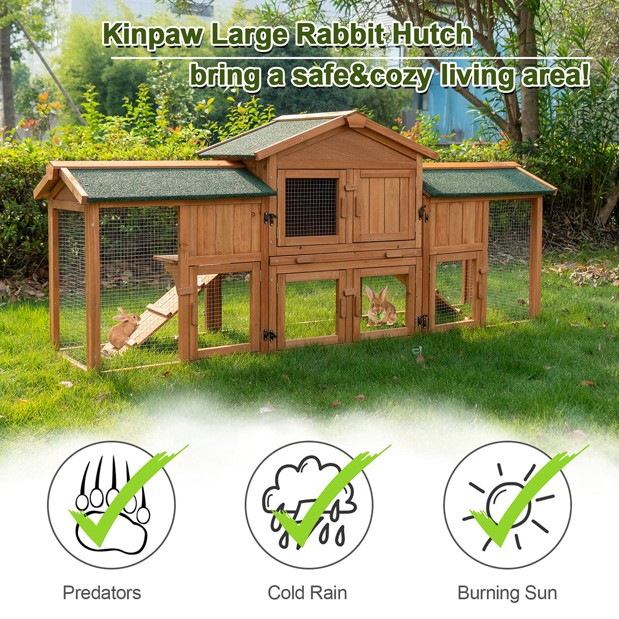 Rabbit Hutch Outdoor, 74" Large Bunny Cage with Waterproof Roof, Removable Pull Out Tray, 2 Runs, 2-tier Wooden Rabbit House for Small Animals, Rabbit Enclosure Suits for Guinea Pigs, Hamster, Natural Kinpaw