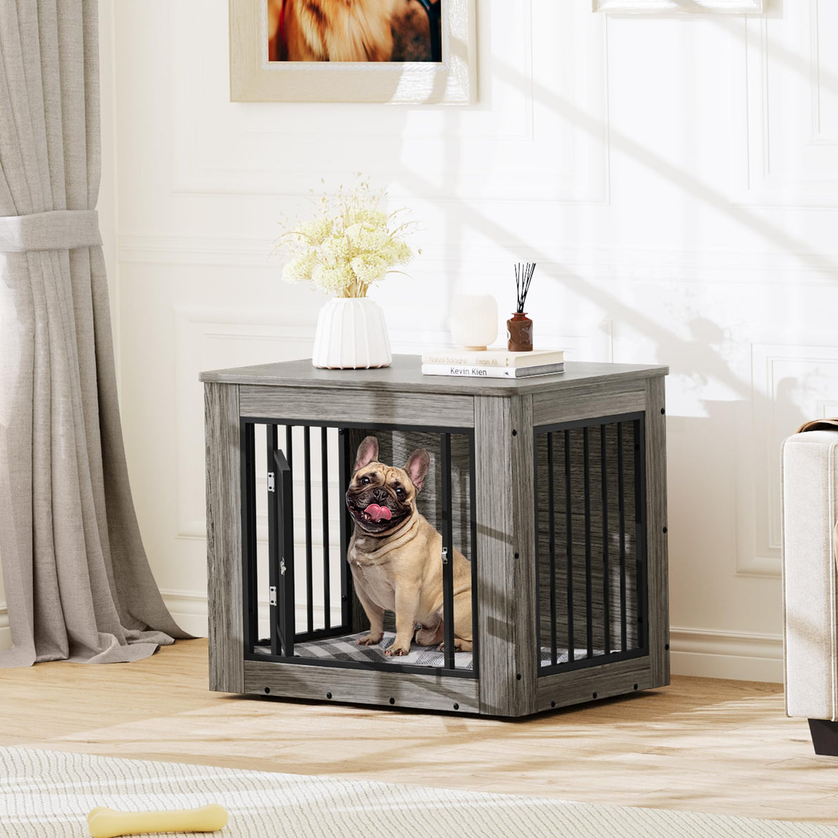 YITAHOME Dog Crate Furniture for Medium Dogs, Side End Table, Modern Dogs Kennel Indoor up to 35 lb, 2-in-1 Iron-Wood Fusion Dog Cage with Waterproof Top, Safety Corners,Steel Lock,30"L, Rustic Brown YITAHOME