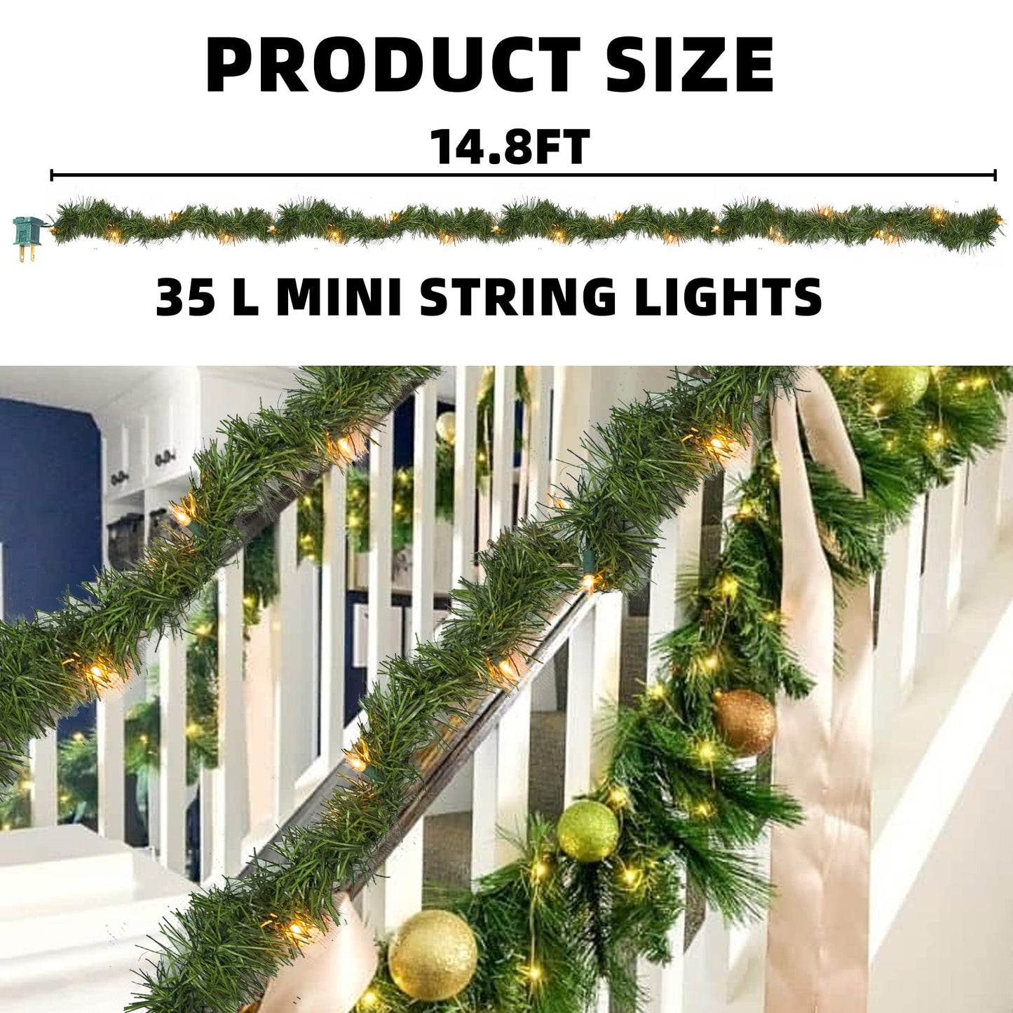 Dazzle Bright 15 FT Artificial Christmas Garland, Pre-Lit 35 Count Mini String Lights Plug in Xmas Garland, Lighted Christmas Decoration for Indoor Holiday Door Home Stairs Decor