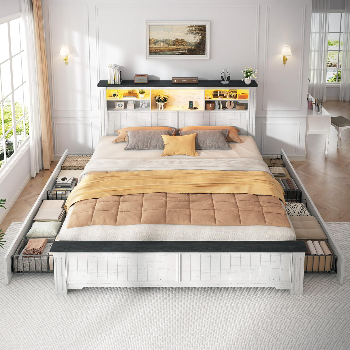 EnHomee King Bed Frame and Headboard, King Size Bed Frame with 4 Storage Drawers, King Bed King with LED Lights & Charging Ports,No Box Spring Needed,NO Noise,Wooden, White EnHomee
