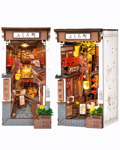 Rolife DIY Book Nook Kits for Adults, Miniature Dollhouse Booknook Kit, 3D Wooden Puzzle Creative Decorative Bookends Bookshelf Diorama Insert Crafts Hobbies Gifts (Sakura Wine Alley)